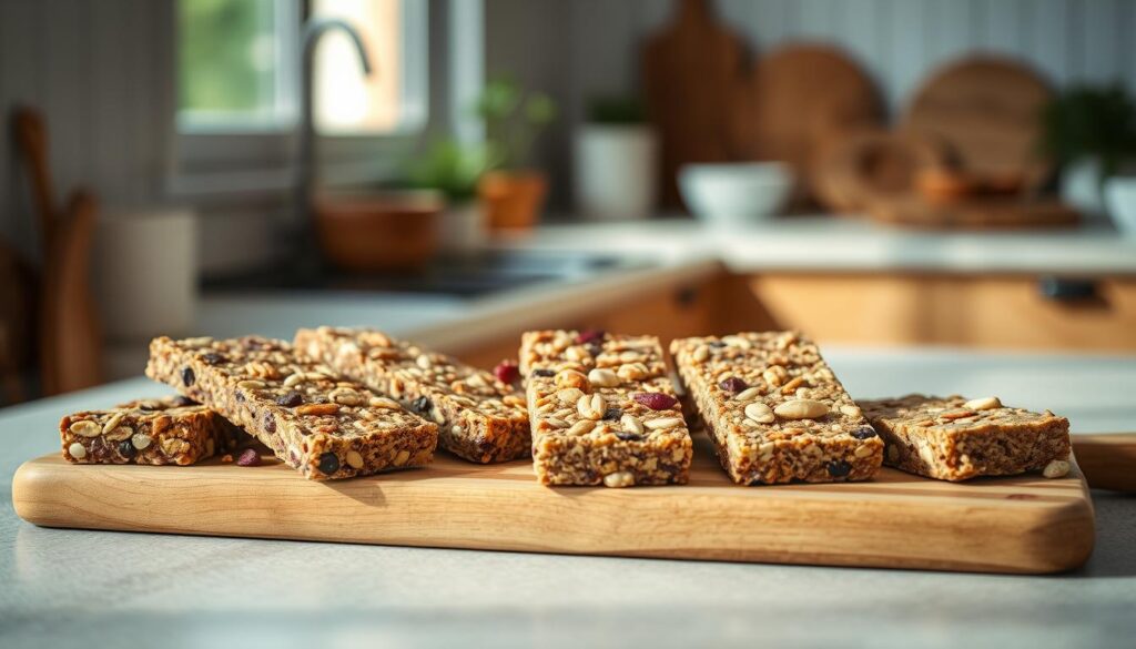 A picturesque assortment of natural protein bars, nestled on a wooden cutting board against a backdrop of a cozy, minimalist kitchen. The bars, crafted with wholesome ingredients like nuts, seeds, and dried fruit, gently catch the soft, diffused lighting filtering in through a nearby window, casting subtle shadows and highlights that accentuate their artisanal texture. The overall scene exudes a sense of simplicity, nourishment, and a touch of rustic elegance, perfectly capturing the essence of low-sugar, natural breakfast protein bars.