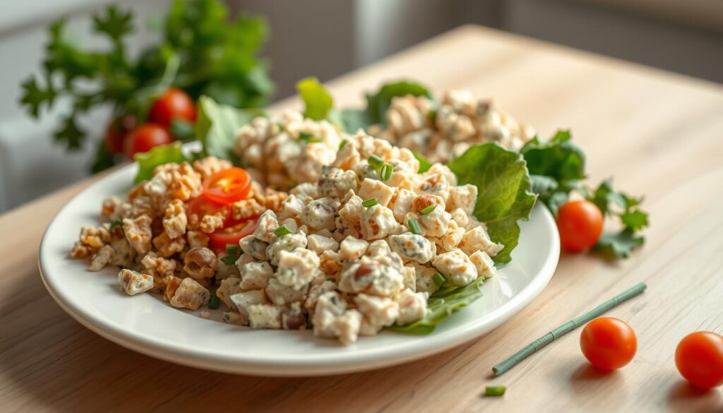 A plate filled with various chicken salad recipes, including classic diced chicken with mayo, a creamy walnut and grape version, and a zesty lemon-herb take. The salads are arranged artfully on a light wooden table, with fresh greens, cherry tomatoes, and a sprinkle of chopped chives providing pops of color. Soft, natural lighting filters through a nearby window, casting a warm glow over the scene. The overall mood is fresh, inviting, and perfect for a quick, satisfying lunchbox meal.