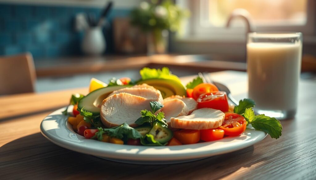 A plate of fresh, vibrant ingredients arranged artfully on a wooden table, casting soft shadows in the warm, natural light of a cozy kitchen. Slices of chicken breast, avocado, and a variety of colorful vegetables sit alongside a glass of milk, showcasing the benefits of protein-rich meals for muscle recovery after weight training. Subtle blue accents in the background create a calming, harmonious atmosphere, emphasizing the nourishing qualities of this well-balanced breakfast.