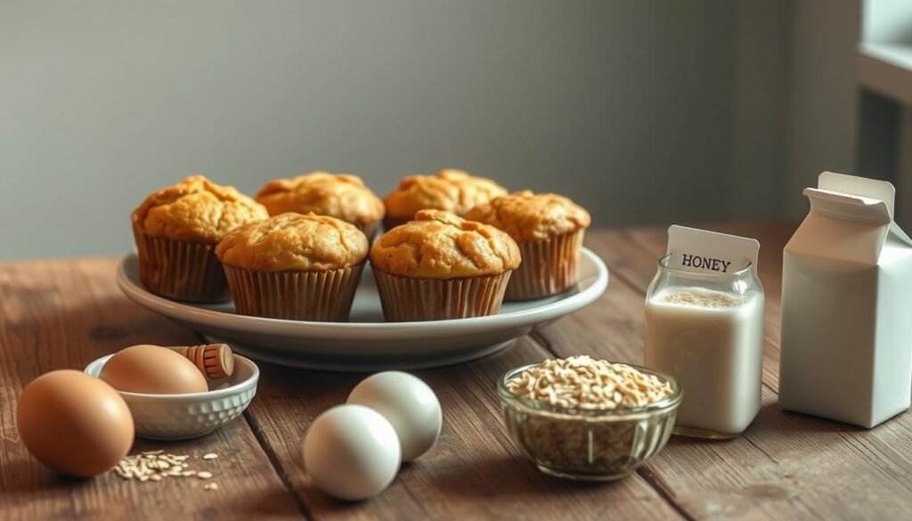 A plate of freshly baked, golden-brown muffins takes center stage on a rustic wooden table. The muffins are evenly shaped, their tops lightly cracked, revealing the soft, fluffy interiors. Surrounding the plate are a few simple ingredients: eggs, a bowl of oats, a jar of honey, and a carton of milk, all positioned neatly in the foreground. The warm, natural lighting casts a soft glow on the scene, creating a cozy, inviting atmosphere. The background features a light blue-tinted wall, suggesting a minimal, clean kitchen environment. The overall composition emphasizes the ease and simplicity of creating these protein-rich breakfast muffins with just five essential ingredients.