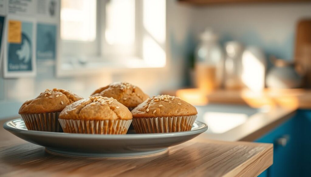 A plate of freshly baked, golden-brown protein-packed muffins sits atop a wooden kitchen counter. The muffins are adorned with a sprinkling of toasted sesame seeds, their tops lightly cracked to reveal a fluffy, moist interior. Sunlight streams in through a nearby window, casting a warm glow on the scene and illuminating the subtle blue accents of the minimalist kitchen design. The muffins appear to be a savory blend of whole grains, lean proteins, and nutritious vegetables, offering a satisfying and nourishing breakfast option for busy weekdays.