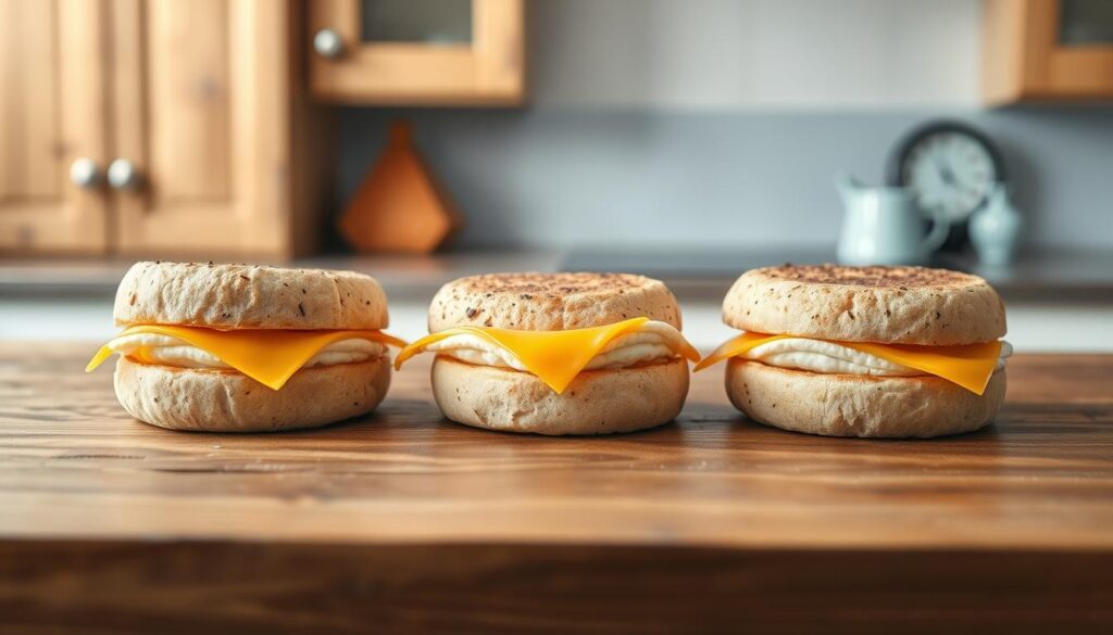 A pristine kitchen counter with a rustic wooden surface, bathed in soft, natural lighting. Arranged neatly are three freshly prepared breakfast sandwiches, each composed of a fluffy, lightly toasted English muffin, a perfectly cooked egg, and a slice of melted cheddar cheese. The sandwiches exude a mouth-watering aroma, inviting the viewer to imagine the satisfying flavors. In the background, a hint of wooden cabinetry and light blue accents create a cozy, minimalist atmosphere, conveying the simplicity and practicality of these homemade, freezer-friendly breakfast options.