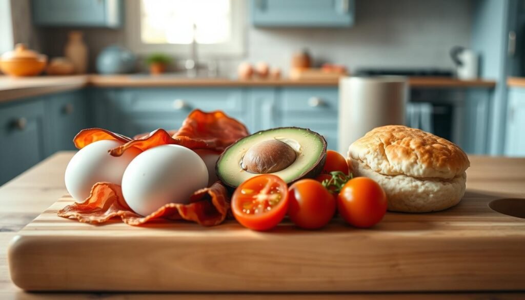 A pristine wooden cutting board showcases an array of breakfast essentials: farm-fresh eggs, thick-cut bacon, ripe avocado, juicy tomatoes, and a soft, fluffy biscuit. The warm, natural lighting casts a cozy glow, highlighting the textures and colors of the ingredients. In the background, a minimal kitchen with light blue cabinetry provides a clean, uncluttered backdrop, allowing the star ingredients to take center stage. The scene exudes a sense of simplicity and quality, inviting the viewer to imagine the perfect start to their day.