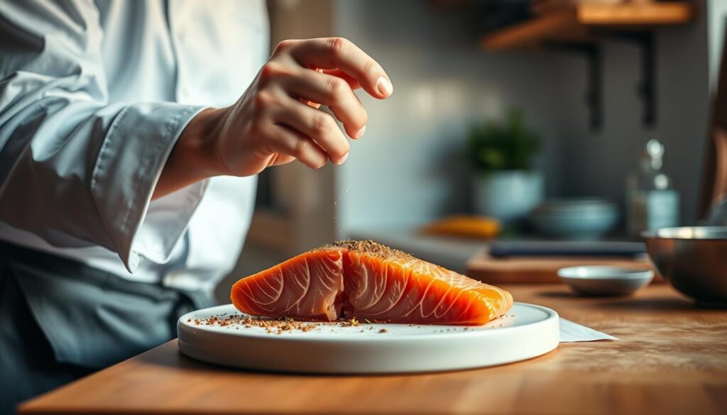 A professional chef delicately seasoning a fresh salmon filet with a blend of aromatic spices in a cozy, minimalist kitchen. The filet is bathed in warm, soft lighting, highlighting its vibrant pink hue and glistening texture. Wooden countertops and light blue accents create a serene, inviting atmosphere, perfect for capturing the art of crafting a flavorful, restaurant-quality salmon dish.