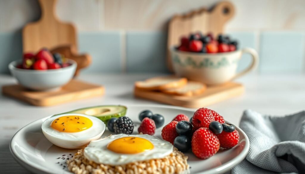 A protein and fiber-rich breakfast plate set against a cozy, minimal kitchen background. In the foreground, a plate features a soft-boiled egg, slices of avocado, and a small mound of quinoa. Alongside, a bowl holds a mix of fresh berries and a sprinkling of chia seeds. The middle ground showcases a wooden cutting board with thin slices of whole-grain toast, while the background features light blue accents and natural wooden textures, evoking a sense of warmth and simplicity. Diffused natural lighting casts a gentle glow across the scene, highlighting the vibrant colors and textures of the healthful ingredients.