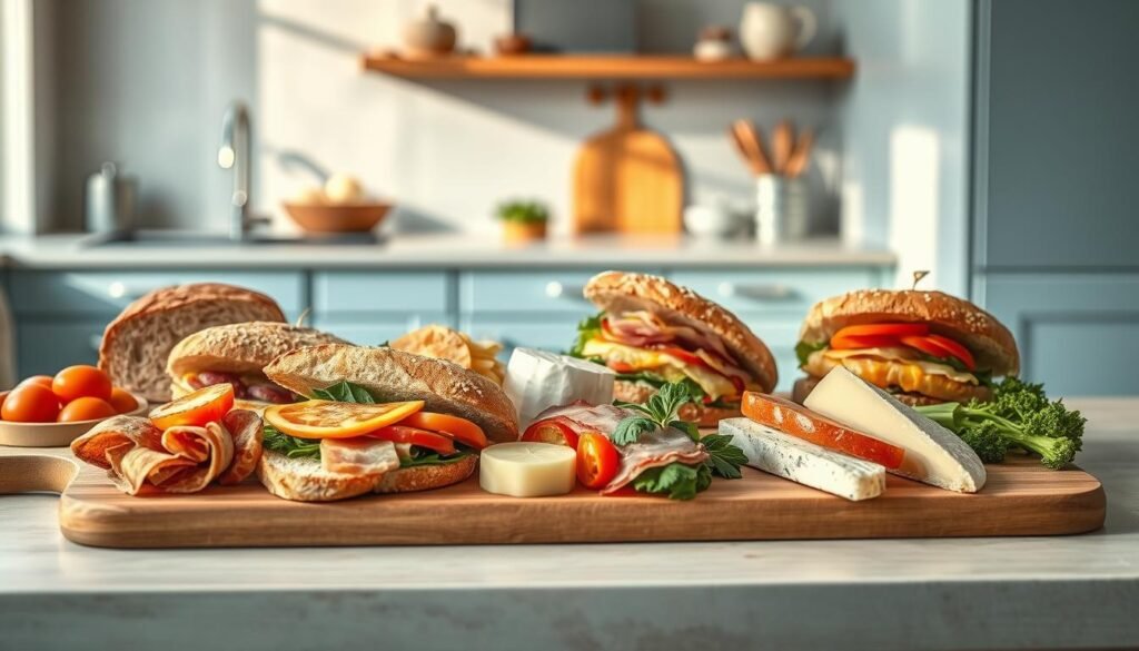 A richly detailed tableau showcasing an array of global sandwich inspirations. In the foreground, a wooden cutting board displays an assortment of artisanal breads, cheeses, cured meats, and vibrant veggies, each crafted with care. The midground features a minimalist kitchen counter with light blue accents, casting a warm, natural glow over the scene. In the background, glimpses of wooden textures and clean lines create a cozy, inviting atmosphere, free of distractions. Crisp, even lighting highlights the diverse textures and flavors, inviting the viewer to imagine the mouthwatering combinations.