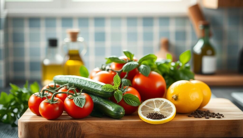 A rustic Mediterranean kitchen scene with an artful arrangement of fresh produce, olive oil, and aromatic spices. Ripe tomatoes, crisp cucumbers, fragrant basil, and a vibrant lemon sit atop a wooden cutting board, bathed in soft, natural light. In the background, a minimalist tile backsplash in light blue hues complements the earthy tones. The composition evokes the simple, wholesome essence of the Mediterranean diet, a harmonious balance of flavors and health.