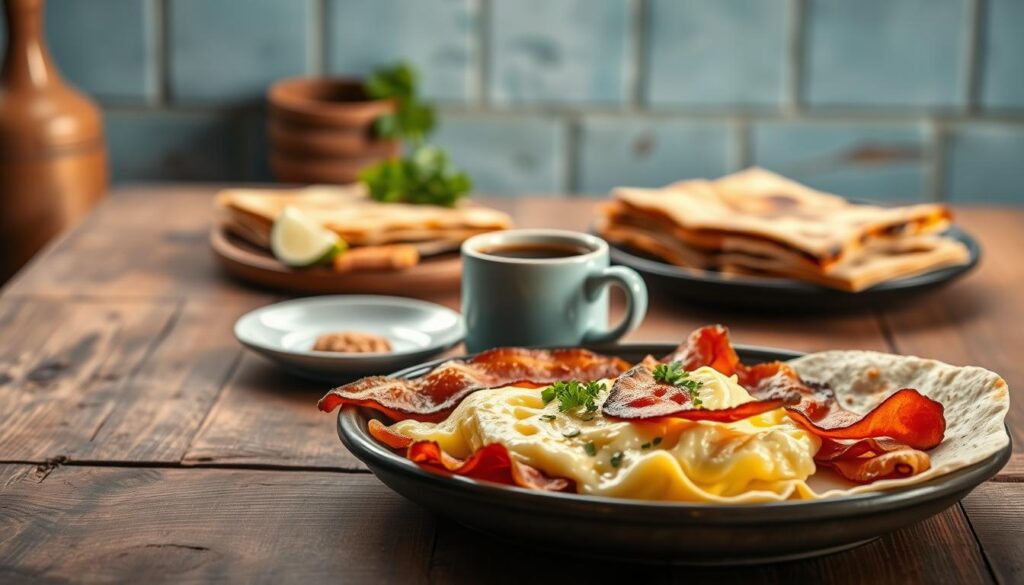 A rustic Mexican breakfast scene on a wooden table with a blue-hued backsplash and minimal decor. In the foreground, a platter of fluffy scrambled eggs, crisp bacon, and warm tortillas. In the middle, a steaming mug of strong coffee, a wedge of fresh lime, and a sprinkling of chopped cilantro. In the background, a small stack of folded quesadillas, lightly charred and oozing melted cheese. Soft, natural lighting illuminates the scene, creating a cozy, inviting atmosphere.
