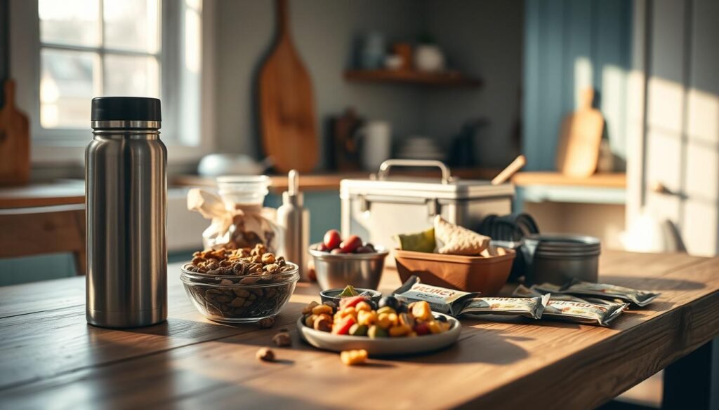 A rustic, artfully arranged spread of portable adventure meals on a wooden table, bathed in warm, natural light filtering through a window. In the foreground, a stainless steel thermos, surrounded by a selection of nutrient-dense snacks - trail mix, dried fruit, energy bars. In the middle ground, a metal lunchbox and reusable utensils, hinting at the well-planned, eco-conscious preparation. The background features a minimalist kitchen with light blue accents, creating a cozy, inviting atmosphere for fueling explorations, whether on the trail, the open road, or the city streets.