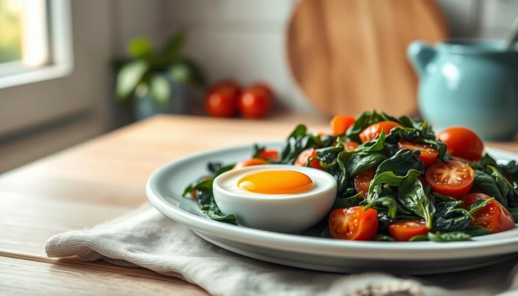 A rustic breakfast scene featuring a platter of sautéed spinach and juicy tomatoes, served alongside a soft-boiled egg in a minimalist white ceramic dish. The scene is set in a cozy, sun-drenched kitchen environment with light blue accents and warm, wooden textures. Soft, natural lighting filters through a nearby window, casting a gentle glow on the fresh, vibrant ingredients. The composition is clean and uncluttered, allowing the simple, nutritious meal to take center stage. The overall mood is one of calm, wholesome enjoyment, perfectly capturing the spirit of a low-sugar, veggie-packed breakfast.