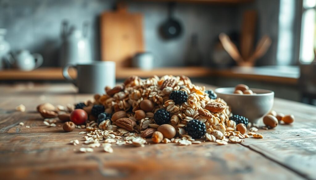 A rustic, budget-friendly breakfast texture captured in a cozy kitchen setting. Warm wooden surfaces, subtly worn and weathered, form the backdrop. Scattered atop them, an array of simple, wholesome ingredients - rolled oats, nuts, and dried fruits, their natural tones and textures complementing the muted blue-grey accents of the space. Soft, diffused lighting casts a gentle glow, highlighting the inviting, unpretentious nature of this homespun scene. The overall impression is one of comfort, practicality, and the joy of uncomplicated, nourishing morning rituals.