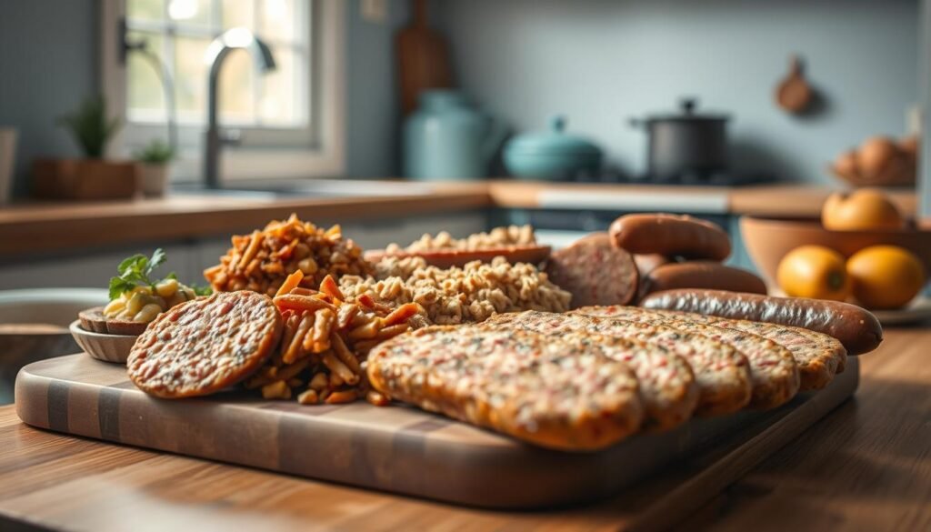 A rustic, homemade assortment of sausage substitutes, neatly arranged on a wooden cutting board. An array of plant-based patties, meatless crumbles, and hearty nut-based sausages, each with a distinct texture and earthy flavor. The scene is bathed in soft, natural light filtering through a nearby window, casting a warm glow on the ingredients. In the background, a simple, minimalist kitchen with light blue accents provides a serene, inviting backdrop, hinting at the nutritious, allergy-friendly breakfast to come.