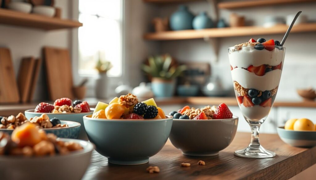 A rustic, homey kitchen setting showcases an array of breakfast bowls and parfaits. In the foreground, a collection of colorful bowls brimming with fresh fruits, nuts, and creamy yogurt. Nearby, a elegant parfait glass layers vibrant berries, granola, and luscious custard. Warm, natural light filters through the window, casting a soft glow over the scene. The background features wooden shelves, minimal decor, and subtle blue accents, creating a calming, inviting atmosphere. The overall composition evokes a sense of nourishment, simplicity, and a fresh start to the day.