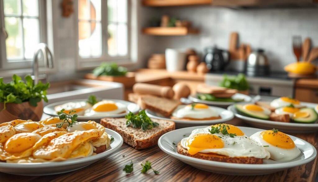 A rustic kitchen brimming with a variety of protein-packed egg dishes, ranging from fluffy omelets to perfectly poached eggs, all nestled among fresh herbs, sliced avocado, and crisp whole grain toast. Soft, natural lighting filters through the windows, accentuating the rich wooden textures of the countertops and cabinetry. The scene exudes a sense of nourishment and culinary expertise, inviting the viewer to savor the simple yet satisfying pleasures of a hearty, protein-boosted breakfast.