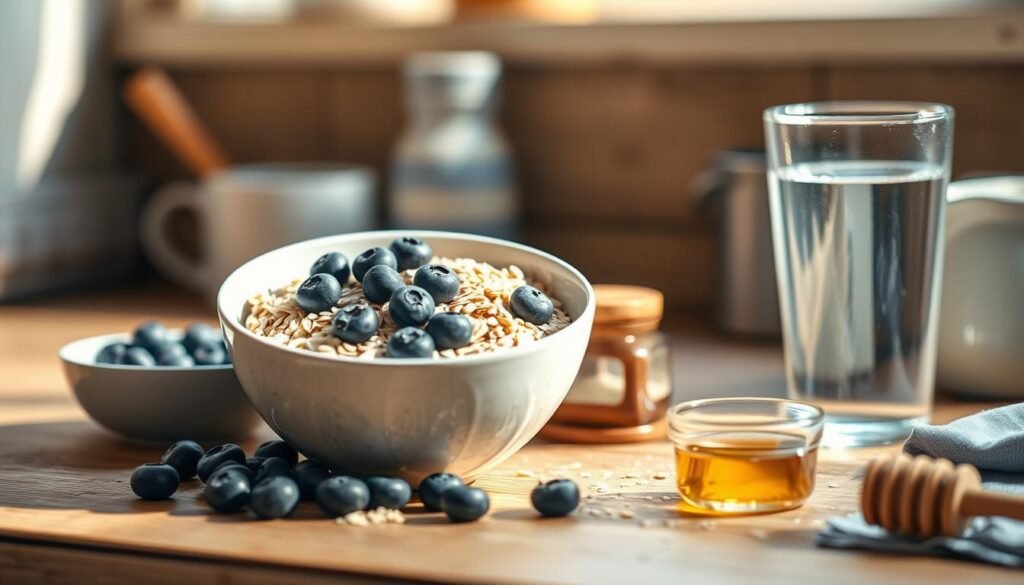 A rustic kitchen counter, bathed in soft natural light, showcases a selection of wholesome, diet-friendly breakfast ingredients. Arranged with care, the scene features a bowl of rolled oats, a handful of fresh blueberries, a sprinkling of chia seeds, a drizzle of honey, and a glass of refreshing water. The wooden textures and light blue accents create a soothing, minimalist ambiance, inviting the viewer to imagine the nourishing and satisfying meal about to be prepared.