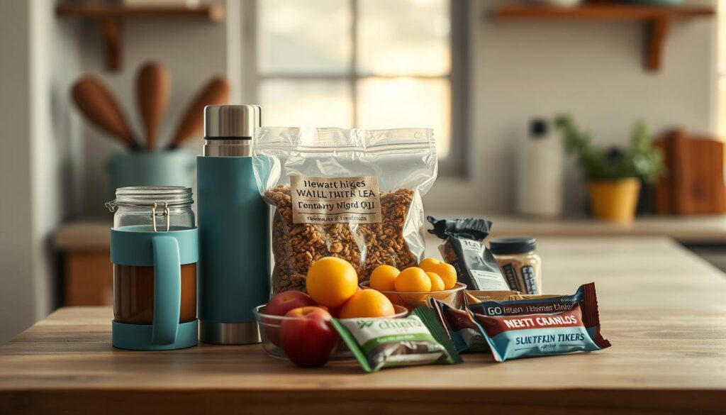 A rustic kitchen counter displays an array of trail-ready snacks and meal items: a thermos filled with hot tea, a bag of homemade granola, a container of fresh fruit, and a selection of energy bars. Soft natural light filters through a nearby window, casting a warm glow over the scene. The simple, minimalist styling with light blue accents creates a sense of simplicity and ease, perfect for planning nourishing outdoor meals. The overall mood is one of thoughtful preparation, with everything within reach for the hiker to grab and go.