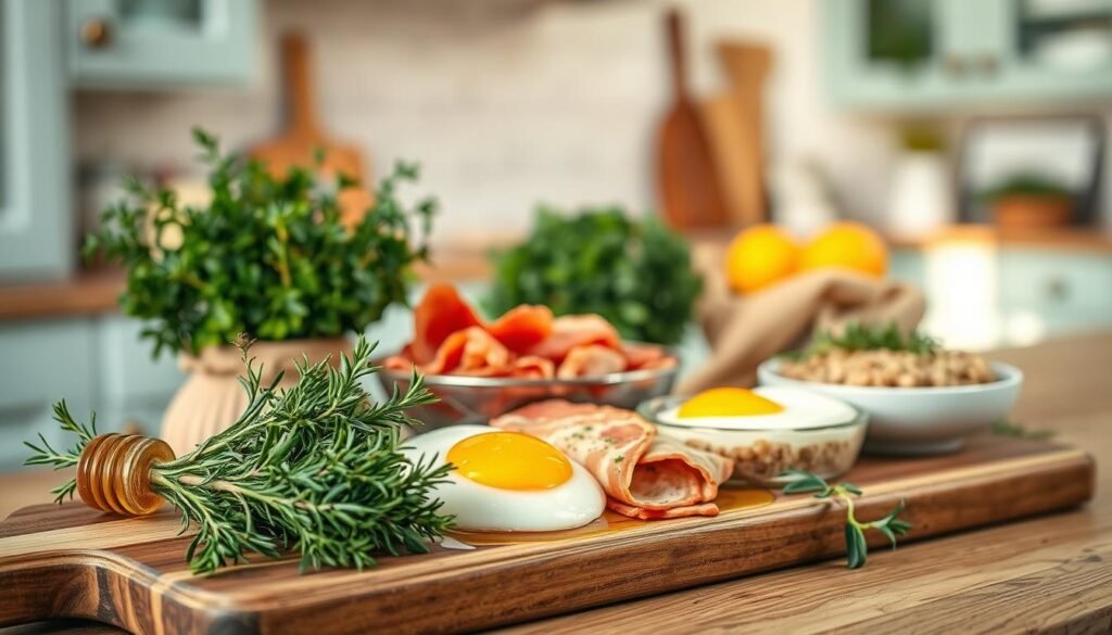 A rustic kitchen counter filled with an assortment of freshly prepared breakfast dishes. In the foreground, a wooden board showcases an array of vibrant, herb-infused ingredients - bunches of fragrant rosemary, thyme, and oregano, complemented by a drizzle of golden honey. On the middle layer, a variety of breakfast components come together - fluffy scrambled eggs, crisp bacon slices, and a hearty grain-based porridge or overnight oats, all imbued with the aromatic botanicals. In the background, a tidy kitchen with light blue cabinetry and natural wood accents creates a warm, inviting atmosphere, amplifying the comforting and nourishing qualities of this herb-infused meal prep scene.