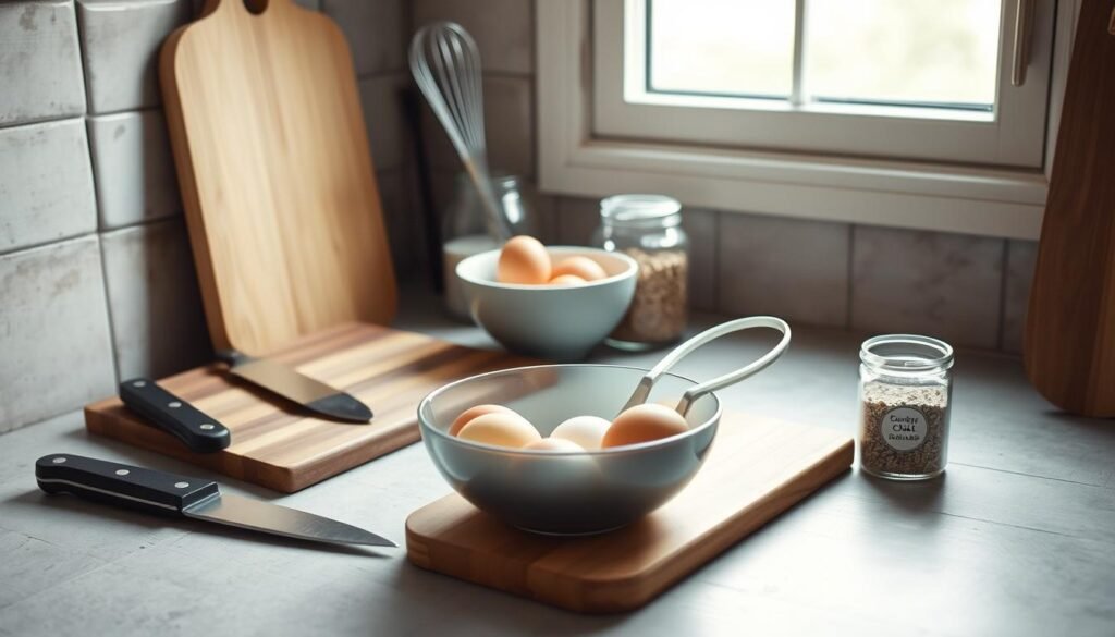 A rustic kitchen counter showcases an array of breakfast essentials: a cutting board, a chef's knife, a whisk, a bowl of fresh eggs, a jar of oats, and a small container of chia seeds. Soft, natural lighting filters through a nearby window, casting a warm glow on the scene. The arrangement is minimalist and neatly organized, conveying a sense of efficiency and preparedness for a quick, nutritious morning meal. The overall mood is one of simplicity, practicality, and a touch of tranquility, setting the stage for an effortless breakfast meal prep routine.