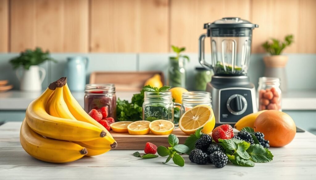 A rustic kitchen counter with an assortment of smoothie ingredients and tools against a backdrop of warm wooden textures and light blue accents. In the foreground, ripe bananas, leafy greens, freshly washed berries, and a glass mason jar blender sit neatly arranged. In the middle ground, a cutting board with sliced citrus fruits and a high-powered blender stand ready. The background features a minimalist layout with a sprig of mint, a stack of mason jars, and a backdrop of light streaming through a window, creating a cozy, inviting atmosphere.