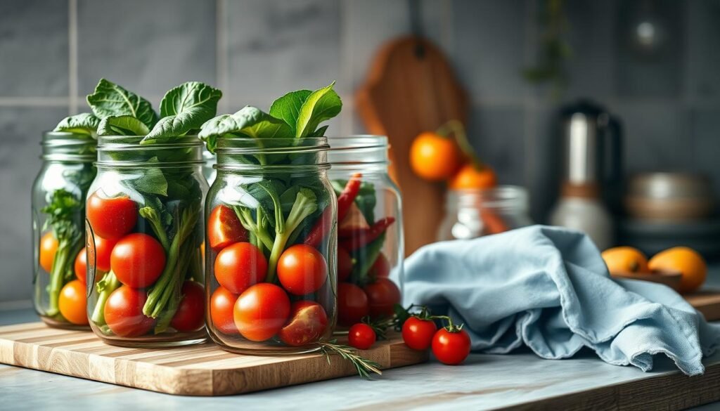 A rustic kitchen countertop showcases an arrangement of fresh mason jars, their glass surfaces glimmering in soft, natural light. Vibrant leafy greens, juicy tomatoes, and crisp vegetables peek out from within, arranged with care. The jars are paired with simple, elegant accessories - a wooden cutting board, a sprig of fragrant herbs, and a linen towel in a soothing blue hue. The overall atmosphere is one of simplicity, organization, and bountiful, long-lasting freshness, setting the stage for effortless meal prep.