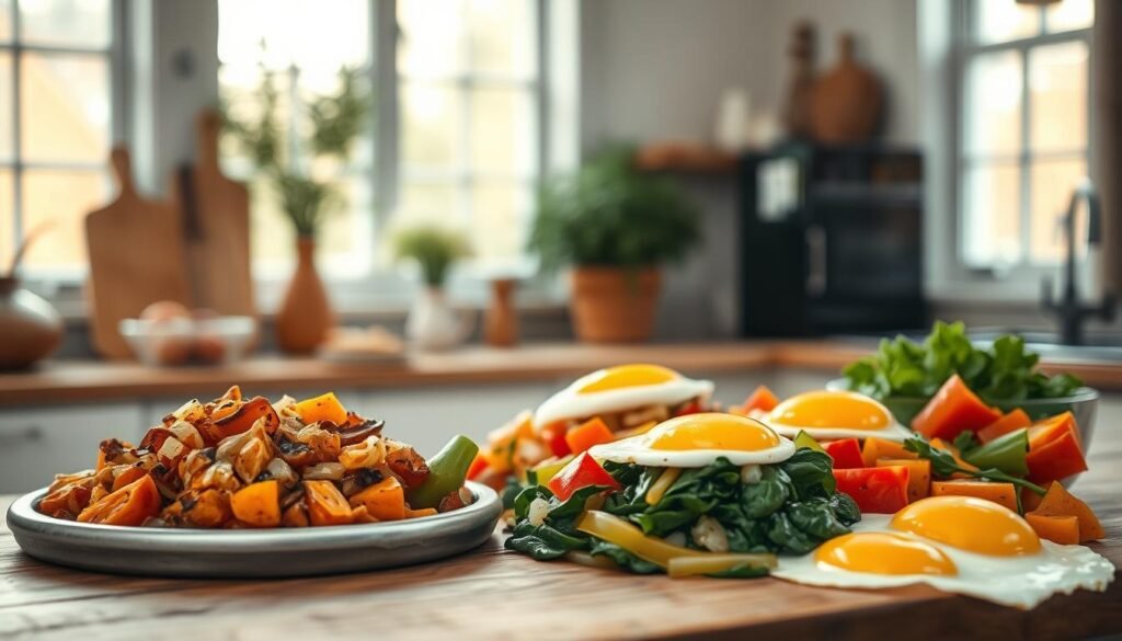 A rustic kitchen scene showcasing a variety of vegetarian breakfast hash options, including roasted sweet potato, caramelized onions, sautéed spinach, diced bell peppers, and perfectly cooked eggs. Soft natural lighting filters through large windows, casting a warm glow over the wooden countertops and minimalist decor. The focus is on the vibrant colors and textures of the hash components, inviting the viewer to imagine the delicious flavors and aromas. A clean, uncluttered composition emphasizes the simplicity and health-conscious nature of this make-ahead breakfast dish.
