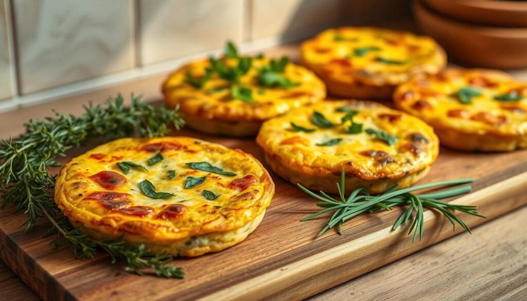A rustic kitchen tableau showcasing an assortment of frittata variations, each brimming with a vibrant array of fresh herbs. The frittatas are presented on a wooden cutting board, their golden crusts and fluffy interiors inviting the viewer to savor their flavors. Sprigs of thyme, rosemary, and chives are artfully arranged alongside the frittatas, emanating a soothing, earthy aroma. Warm, directional lighting casts a gentle glow, highlighting the textures and colors of the scene. The overall mood is one of simplicity, comfort, and culinary inspiration, reflecting the essence of the 