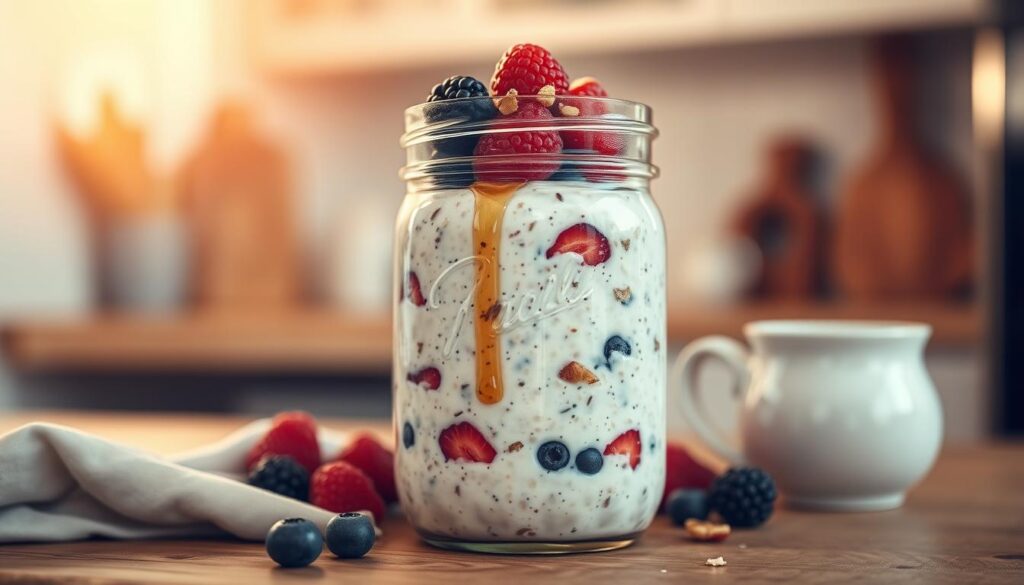 A rustic mason jar filled to the brim with creamy overnight oats, garnished with fresh berries, a drizzle of honey, and a sprinkling of toasted nuts, all set against a backdrop of a cozy, minimalist kitchen. Warm, diffused lighting casts a soft glow, highlighting the natural wood textures and light blue accents that create a soothing, calming atmosphere. The jar's contents are neatly layered, showcasing the parfait-like presentation that is both visually appealing and representative of a balanced, portion-controlled breakfast ideal for weight management.