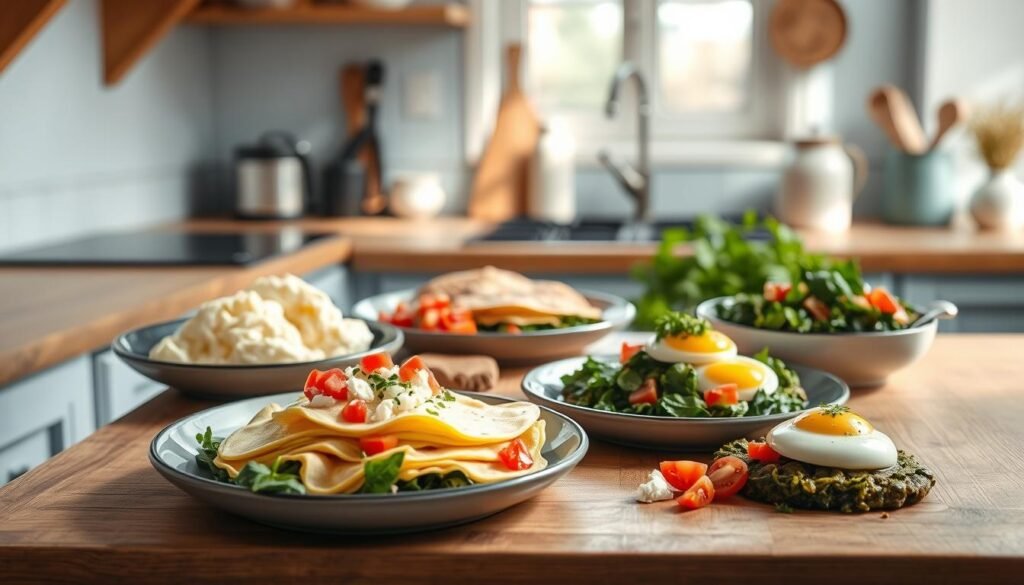 A rustic, minimal kitchen setting with wooden countertops and light blue accents. On the counter, a selection of neatly arranged savory egg dishes - fluffy scrambled eggs, perfectly cooked omelettes, and poached eggs nestled on a bed of sautéed greens. Garnishes such as diced tomatoes, crumbled feta, and freshly chopped herbs add pops of color and flavor. Natural lighting streams in, casting a warm glow over the scene. The overall atmosphere is one of simple, wholesome nutrition, perfect for a busy morning meal prep routine inspired by the Mediterranean diet.
