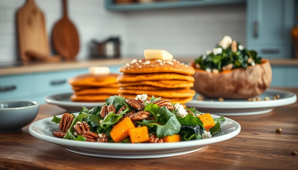 A rustic, minimalist kitchen with light blue accents showcases an assortment of mouthwatering sweet potato dishes. In the foreground, a roasted sweet potato wedge salad with crisp greens, toasted pecans, and a drizzle of honey-mustard dressing. In the middle ground, a stack of fluffy sweet potato pancakes, adorned with a sprinkle of cinnamon and a pat of melted butter. In the background, a baked sweet potato stuffed with sautéed kale, crumbled feta, and a sprinkle of toasted pumpkin seeds. Warm, gentle lighting casts a cozy glow, highlighting the rich colors and natural textures of the Paleo-friendly ingredients.