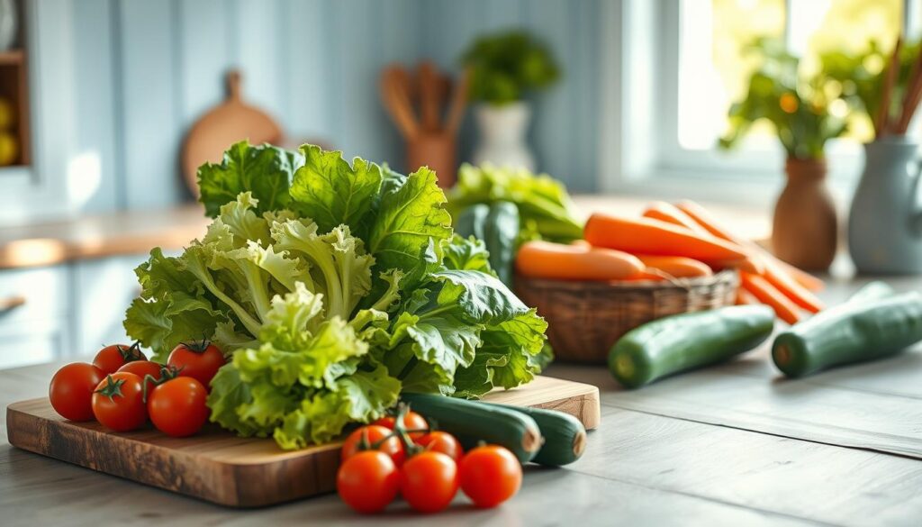 A rustic, minimalist kitchen with light blue accents showcases an assortment of seasonal vegetables for cold meals. Crisp lettuce, vibrant cherry tomatoes, crunchy carrots, and juicy cucumbers are artfully arranged on a wooden cutting board, bathed in soft, natural lighting. The fresh produce evokes a sense of simplicity and wholesomeness, capturing the essence of the "Seasonal Produce: The Freshness Factor" section. The scene exudes a calm, inviting atmosphere, encouraging the viewer to embrace the nourishing, no-heat lunchbox meals highlighted in the article.