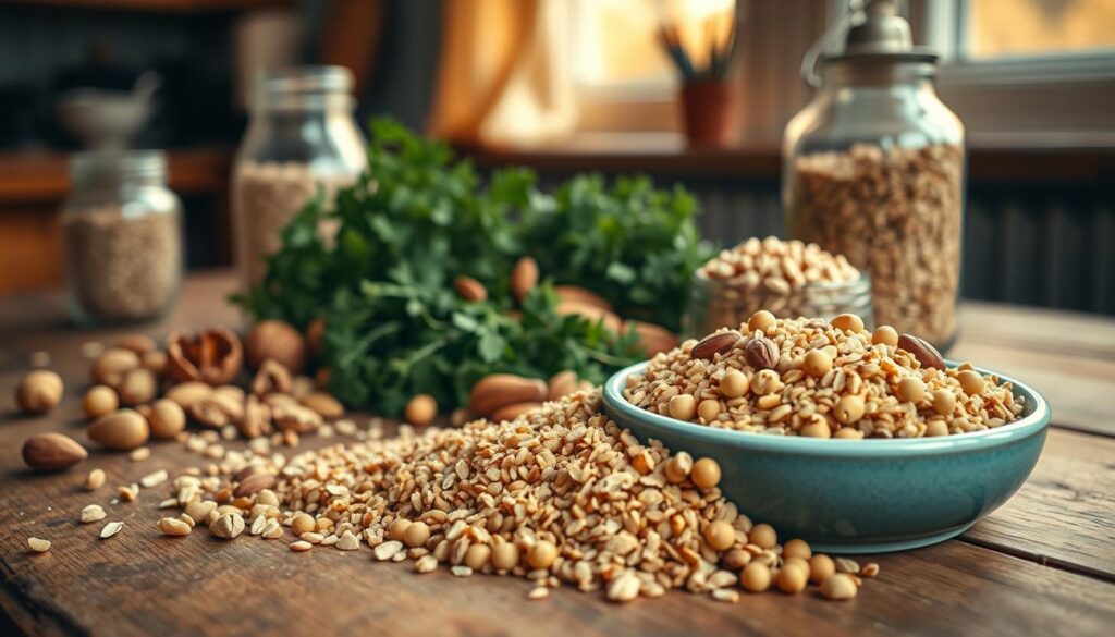 A rustic still life on a wooden kitchen table, featuring an assortment of wholesome grains and legumes. In the foreground, a mix of quinoa, brown rice, lentils, and chickpeas are neatly arranged, their earthy tones contrasting with the light blue ceramic bowl they reside in. Behind them, a handful of raw almonds and walnuts are scattered, their natural textures adding visual interest. In the middle ground, a bundle of fresh herbs, such as parsley and thyme, add a pop of greenery, while a glass jar filled with whole oats sits nearby. The background is softly lit, with warm natural light filtering through a nearby window, casting a gentle glow over the scene. The overall mood is one of simplicity, nourishment, and the wholesome beauty of nature's bounty.