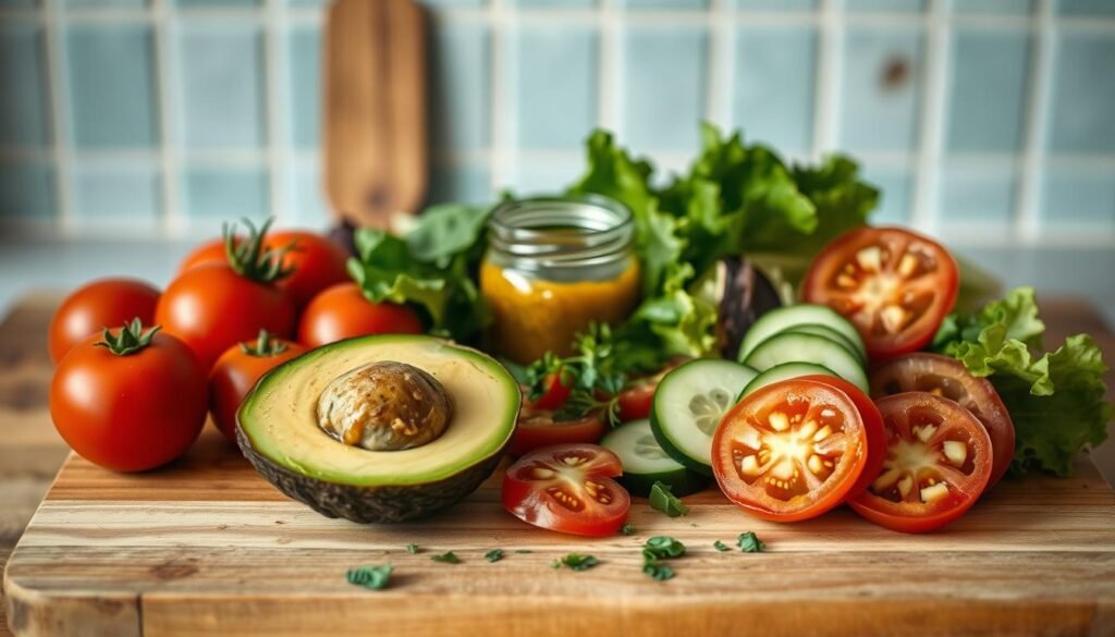 A rustic still life showcasing an assortment of fresh salad ingredients on a wooden cutting board. In the foreground, a ripe avocado half and sliced tomatoes glisten under the soft, natural lighting. Arrayed around them are crisp lettuce leaves, thinly sliced cucumber, and a scattering of aromatic herbs. The middle ground features a small glass jar filled with a vibrant vinaigrette. Subtle hints of a light blue kitchen backsplash and warm wooden textures create a cozy, inviting atmosphere, placing the viewer right in the heart of a simple, yet elegant lunchbox preparation.