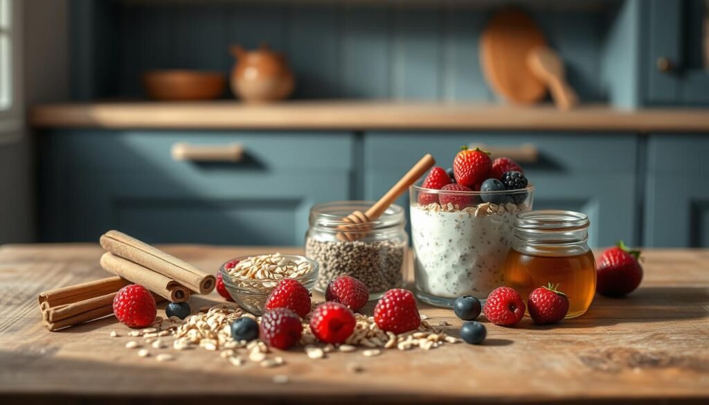 A rustic still life showcasing the essential ingredients for overnight oats: rolled oats, chia seeds, cinnamon sticks, honey, and fresh berries neatly arranged on a wooden table. Soft, natural lighting illuminates the textures and colors, creating a warm, inviting atmosphere. The composition is balanced, with the ingredients taking center stage against a backdrop of muted blue cabinetry and wood paneling, reflecting the cozy, minimal kitchen environment.