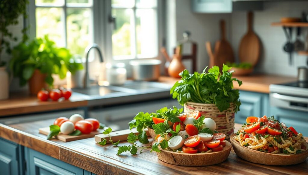 A rustic, sun-drenched Italian kitchen with wooden countertops and pale blue accents. On the counter, an assortment of fresh, vibrant ingredients: crisp greens, juicy tomatoes, creamy mozzarella, savory salami, and fragrant herbs. Alongside, a selection of no-heat lunch options - a colorful caprese salad, a hearty Italian-style pasta salad, and a zesty bruschetta. The scene is bathed in soft, natural light, creating a warm, inviting atmosphere perfect for quick, wholesome Italian-inspired meals.