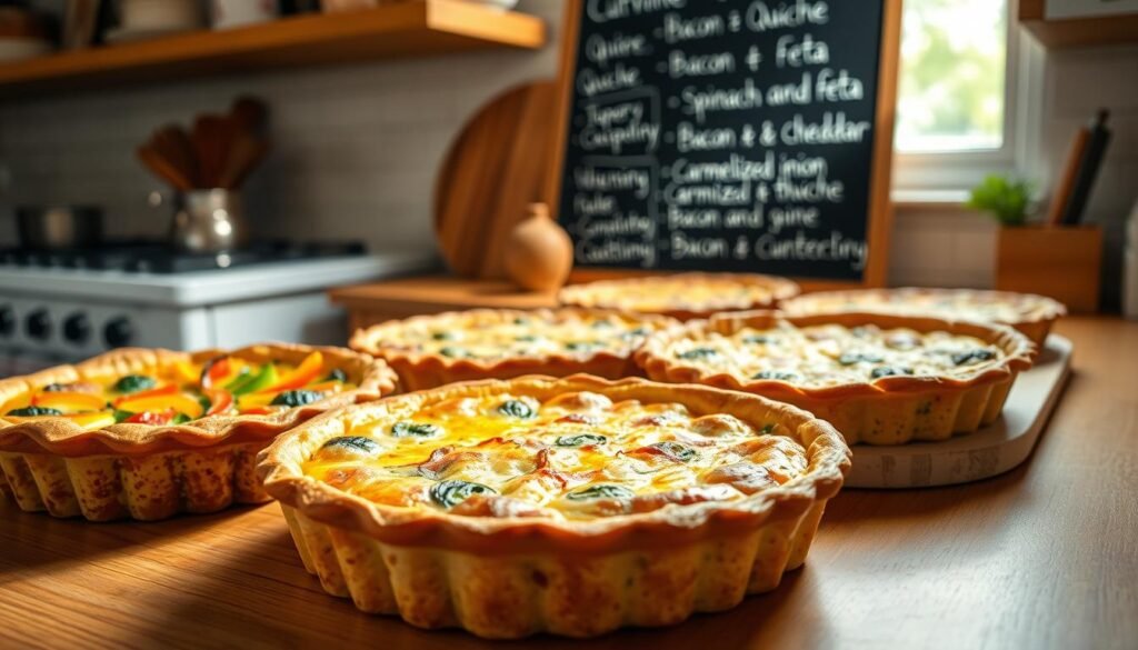 A rustic, sun-drenched kitchen countertop displaying an assortment of quiche variations. In the foreground, a classic quiche lorraine with a golden, flaky crust, accompanied by a vibrant vegetable quiche with vibrant bell peppers and zucchini. In the middle ground, a savory mushroom and goat cheese quiche and a decadent bacon and cheddar quiche. In the background, a chalkboard menu showcases additional creative quiche options, such as a spinach and feta quiche and a caramelized onion and thyme quiche. The lighting is soft and natural, accentuating the warm, inviting atmosphere of the cozy kitchen.