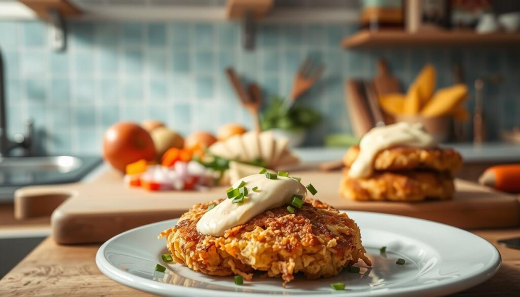 A rustic, sun-drenched kitchen filled with the aroma of freshly cooked hash browns. In the foreground, a plate brimming with crispy, golden-brown hash brown patties, accompanied by a drizzle of creamy hollandaise sauce and a sprinkle of fresh chives. In the middle ground, a wooden cutting board showcases vibrant vegetables - diced peppers, onions, and shredded potatoes - ready to be transformed into a hearty breakfast hash. The background features a light blue tiled backsplash, complemented by natural wooden shelves displaying neatly organized spices and cookbooks. Soft, diffused lighting casts a warm, inviting glow over the scene, capturing the essence of a cozy, effortless morning meal.