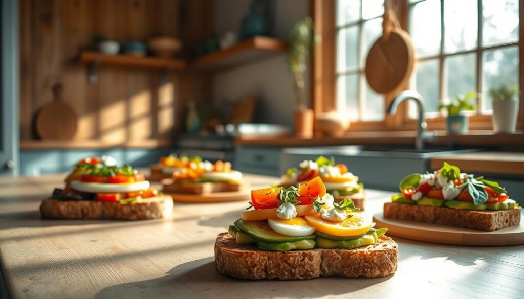 A rustic, sun-drenched kitchen showcases an array of artfully arranged avocado toast variations. Soft-cooked eggs, creamy avocado, and an assortment of toppings like roasted tomatoes, crumbled feta, and fresh herbs fill thick slices of toasted sourdough bread. The scene is bathed in warm, natural light filtering through large windows, casting a cozy glow on the wooden textures and light blue accents of the minimalist space. The composition highlights the vibrant colors and textures of the ingredients, inviting the viewer to savor the layers of flavor and culinary creativity.