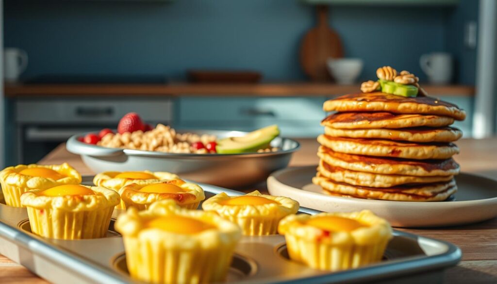 A rustic, sunlit kitchen showcases an array of delectable breakfast variations. In the foreground, a tray displays fluffy egg muffins baked to perfection, their vibrant yolks peeking through. Nearby, a pan of golden-brown baked oatmeal with fresh berries and a drizzle of honey. In the middle ground, a stack of thick, griddle-cooked pancakes adorned with slices of ripe avocado and a sprinkle of toasted nuts. The background features a sleek, minimalist aesthetic with light blue accents, complementing the natural wooden textures throughout the space. The overall scene exudes a sense of effortless creativity and wholesome nourishment.