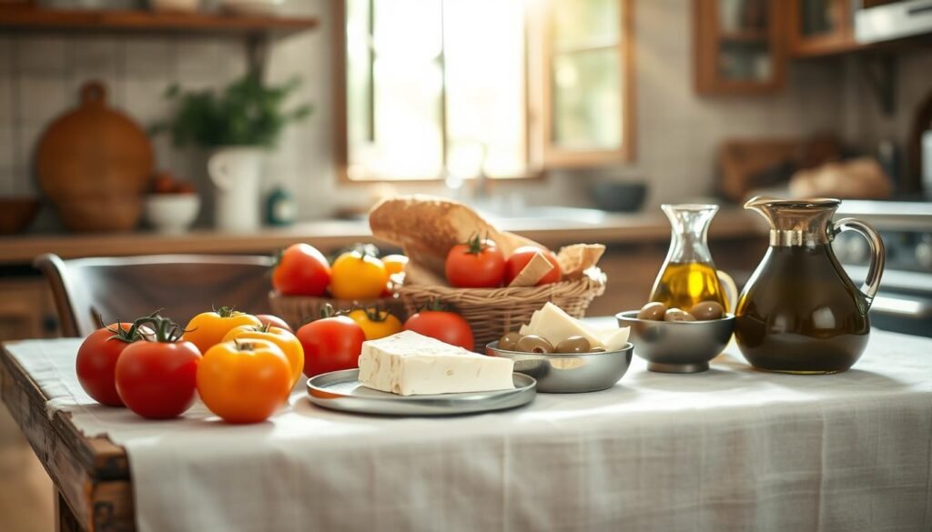 A rustic table in a cozy Mediterranean kitchen, adorned with a simple white linen cloth. On the surface, a collection of essential breakfast items: fresh, ripe tomatoes in vibrant reds and yellows, a basket of crusty bread, a wedge of creamy white feta cheese, a small bowl of aromatic olives, and a pitcher of golden olive oil. Sunlight streams in through an open window, casting a warm, natural glow over the scene. The mood is one of simplicity, quality, and the comforts of a Mediterranean lifestyle.