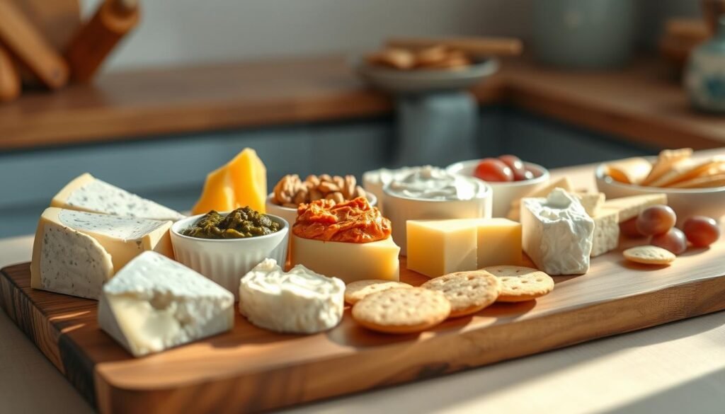 A rustic wooden board showcases an assortment of artisanal cheeses and creamy spreads, arranged with care against a backdrop of soft, natural light. In the foreground, wedges of tangy brie, sharp cheddar, and crumbly parmesan mingle with dollops of fragrant pesto, roasted red pepper hummus, and silky mascarpone. The middle ground features small bowls of toasted nuts, sliced grapes, and crackers, inviting the viewer to create their own delectable pairings. The overall composition exudes a sense of casual elegance, reflecting the cozy, minimal kitchen setting with its light blue accents and warm wooden tones.