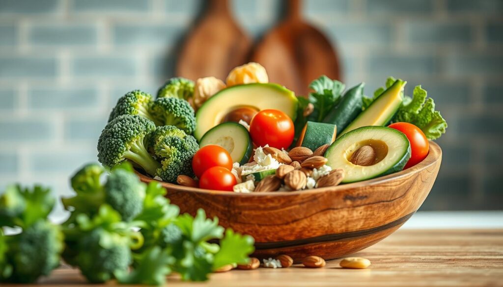 A rustic wooden bowl filled with a visually appealing arrangement of low-carb, keto-friendly ingredients. In the foreground, an assortment of fresh vegetables including broccoli florets, sliced zucchini, and halved cherry tomatoes. In the middle ground, a scattering of healthy fats such as avocado slices, toasted almonds, and crumbled feta cheese. The background features a light blue ceramic tile backsplash, complementing the natural textures. The overall lighting is soft and warm, creating a cozy, inviting atmosphere in the minimal kitchen setting.