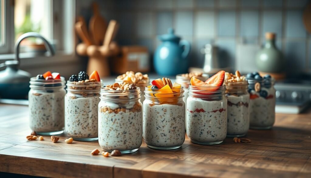 A rustic, wooden kitchen counter displaying an assortment of tempting overnight oats variations. Meticulously styled, the scene features an array of glass jars filled with creamy oat mixtures, each topped with fresh seasonal fruits, crunchy nuts, and a drizzle of honey. Soft, natural lighting filters through a nearby window, casting a warm glow and creating a cozy, inviting atmosphere. In the background, subtle blue accents complement the earthy tones, contributing to the refreshing, summer-inspired ambiance. The overall composition emphasizes the hearty, nourishing nature of these wholesome breakfast meal-prep options.