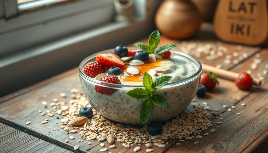 A rustic, wooden kitchen counter with a bowl of creamy overnight oats, topped with fresh berries, sliced almonds, and a drizzle of honey. The oats are nestled among a scatter of whole oats, chia seeds, and a sprig of mint, creating a visually appealing and appetizing composition. The scene is bathed in soft, natural light filtering through a window, casting gentle shadows and highlighting the texture of the ingredients. The overall mood is cozy, inviting, and reflective of a healthy, make-ahead breakfast option.