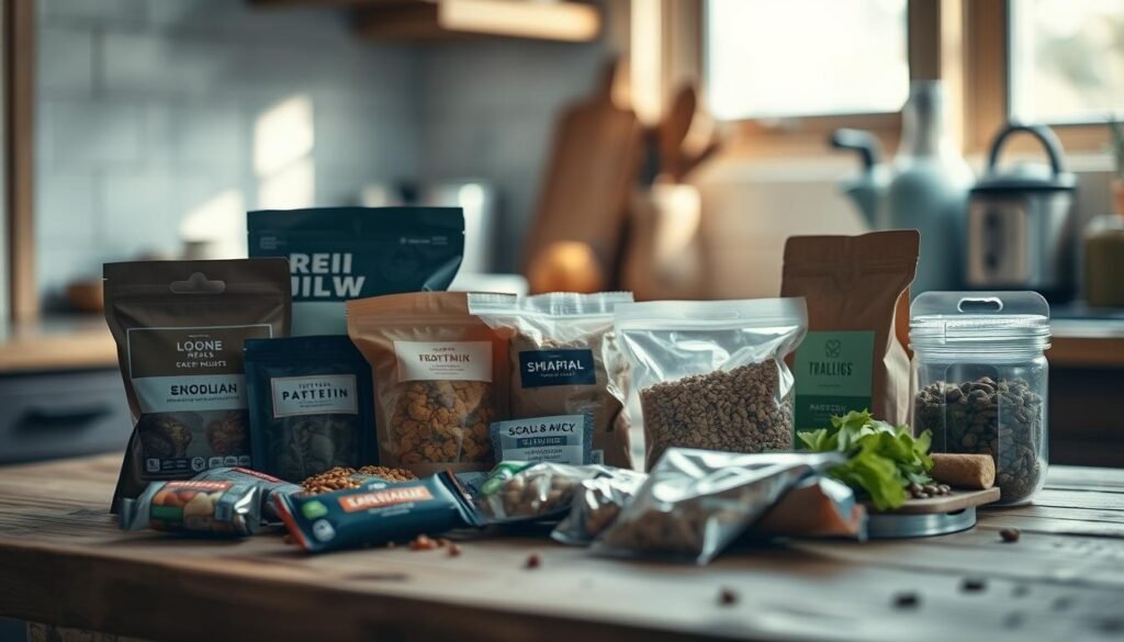 A rustic, wooden kitchen countertop serves as the backdrop for a carefully curated collection of essential backpacking ingredients. In the foreground, a variety of dehydrated meals, protein bars, and trail mix are arranged neatly, their vibrant colors and textures complementing the soft, muted tones of the surrounding environment. Soft, diffused lighting casts gentle shadows, creating a sense of warmth and simplicity. The overall scene conveys a mood of outdoor adventure and mindful preparation, perfectly suited for the "No Heat Lunchbox Meals Hiking Appropriate For Outdoors" article.