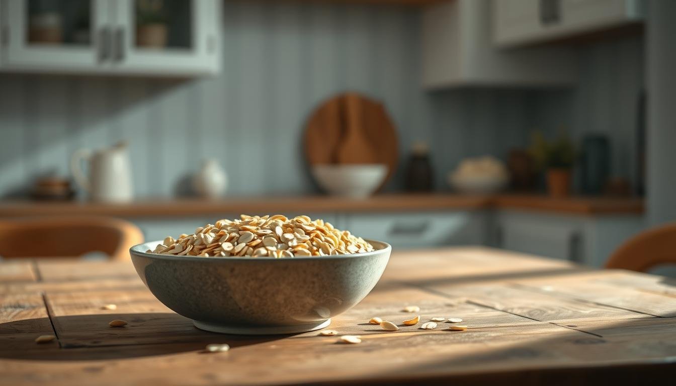 A rustic wooden table, bathed in soft, natural light, holds a simple yet inviting arrangement. In the foreground, a bowl of rolled oats, their texture and golden hue accentuated by the creamy almond milk gently swirling around them. The background features a minimal, light blue-accented kitchen, with hints of wooden cabinetry and subtle textures, creating a cozy, atmospheric setting for this nourishing breakfast scene.