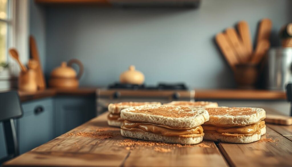 A rustic wooden table in a cozy kitchen, adorned with a neatly arranged display of cinnamon-dusted peanut butter sandwiches. The soft lighting casts a warm glow, highlighting the textured surface of the homemade bread and the glossy sheen of the peanut butter. A sprinkle of cinnamon powder adds a hint of spice, complementing the rich, nutty flavors. In the background, a muted blue-gray accent wall provides a soothing backdrop, creating a sense of balance and comfort. The overall scene evokes a simple, yet delightful, breakfast experience, perfect for a morning on the go.