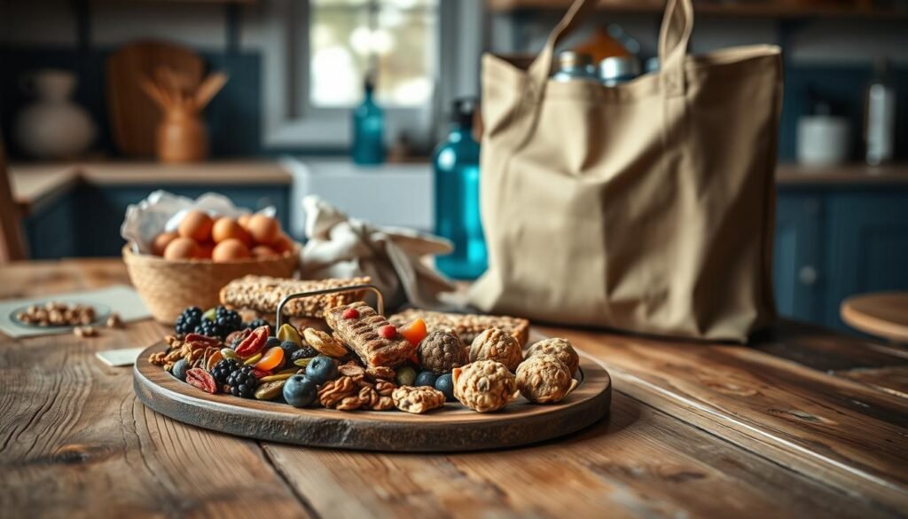A rustic wooden table in a cozy kitchen, adorned with a selection of trail-ready snacks. In the foreground, a platter showcases an artful arrangement of dried fruits, granola bars, trail mix, and bite-sized energy bites. The middle ground features a canvas tote bag, its contents spilling out to reveal reusable water bottles and small containers. Soft, natural lighting filters through the kitchen's minimal blue accents, creating a warm, inviting atmosphere. The overall scene conveys a sense of simplicity, nourishment, and adventure, perfectly capturing the essence of "Quick and Satisfying No-Heat Snacks for Trails."