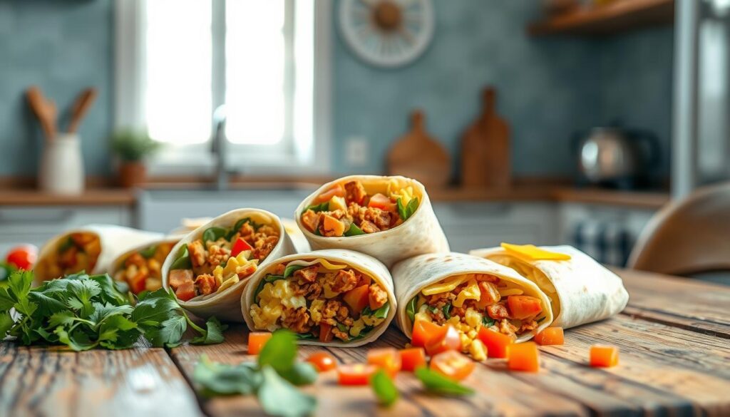 A rustic wooden table in a cozy kitchen, set with a tantalizing array of breakfast burritos, their colorful fillings spilling out invitingly. In the foreground, freshly chopped cilantro, diced tomatoes, and a scattering of tender spinach leaves. In the middle ground, fluffy scrambled eggs, crumbled chorizo, and melted cheddar cheese, all wrapped in soft, warm tortillas. The background features a light blue accent wall, lending a Mediterranean-inspired ambiance. Soft, natural lighting from a nearby window casts a gentle glow, highlighting the textures and colors of this flavor-packed breakfast meal prep.