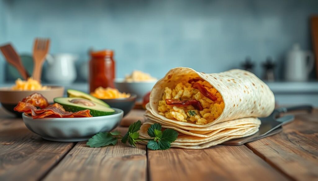 A rustic wooden table is laid out with a selection of fresh breakfast ingredients. In the foreground, a stack of warm tortillas sits next to a bowl of scrambled eggs, sizzling bacon, and sliced avocado. In the middle ground, a small bowl of shredded cheese and a jar of salsa add pops of color. The background features a light blue kitchen wall, highlighting the natural textures and tones of the scene. Soft, diffused lighting creates a cozy, inviting atmosphere, emphasizing the simple yet flavorful components of a delicious breakfast burrito.