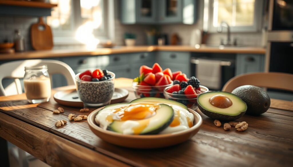 A rustic wooden table is set with an assortment of paleo-friendly breakfast superfoods: glistening chia pudding, creamy avocado halves, fresh berries, crunchy nuts, and a drizzle of honey. The scene is bathed in soft, natural light filtering through a window, casting a warm glow and gentle shadows. In the background, a minimalist kitchen with blue-grey cabinetry provides a clean, calming backdrop. The overall mood is one of simplicity, nourishment, and a celebration of nature's bounty - the perfect illustration for a healthful paleo breakfast.